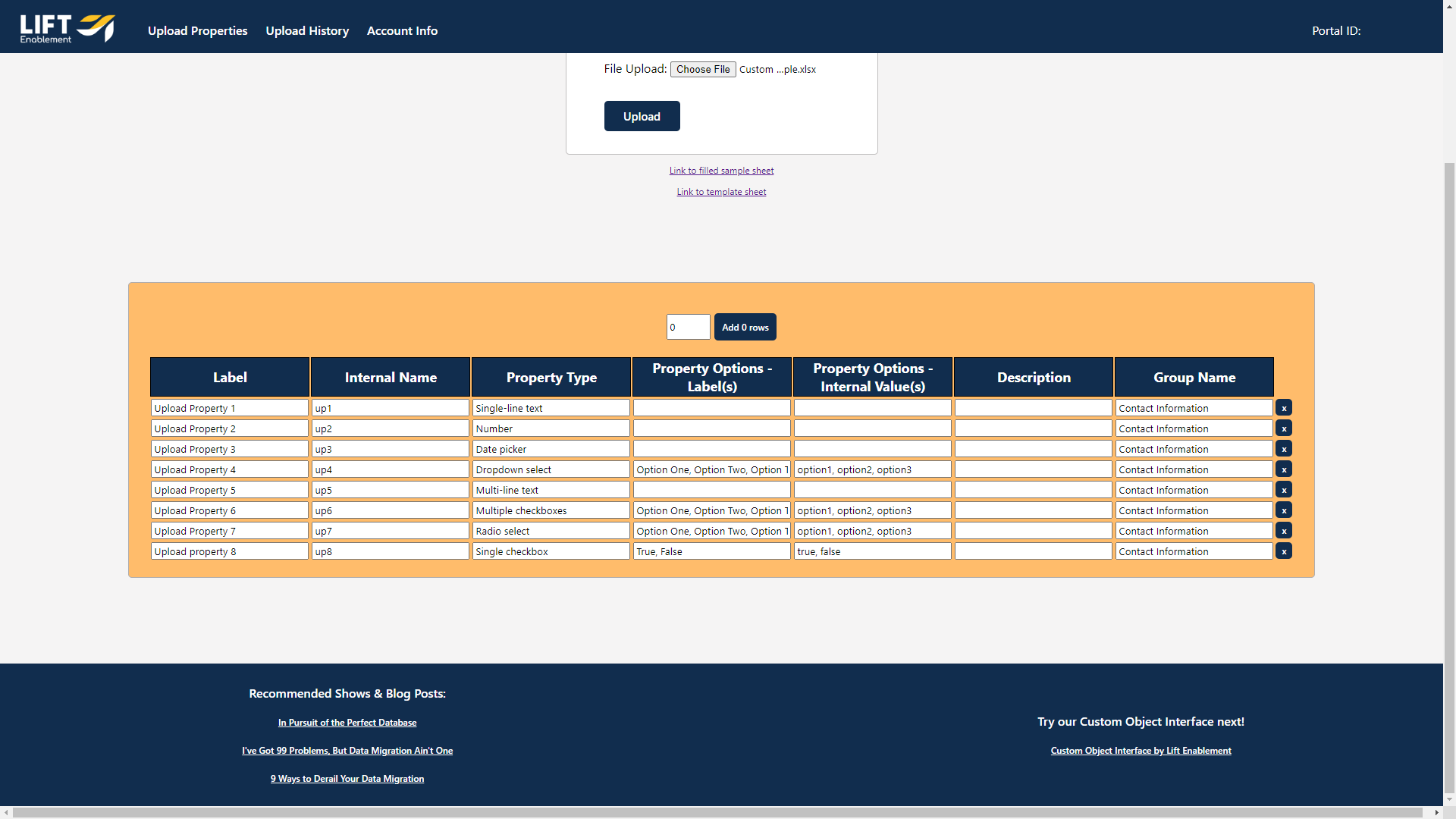 Lift Bulk Property Upload Tool Configuration and Property Type