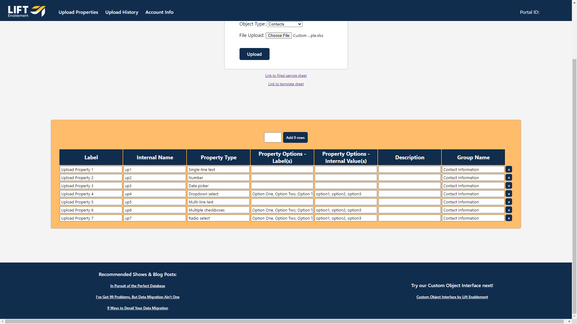 Lift Bulk Property Upload Tool Table